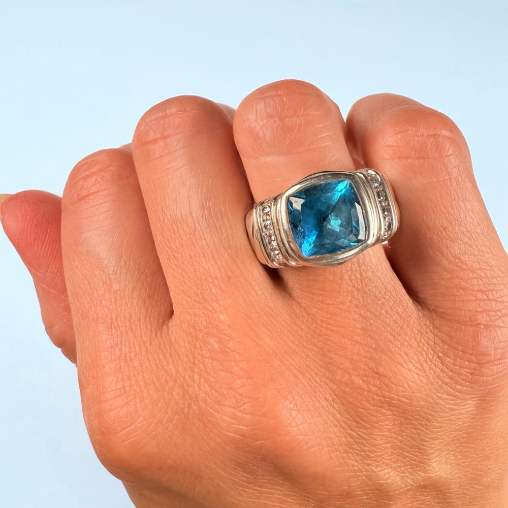 Scott Kay 4 CT London Blue Topaz Diamond Basket Weave Sterling Silver 925 Ring - Picture 11 of 15